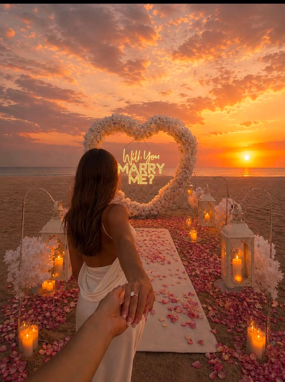 Demande en mariage mise en scène au coucher du soleil