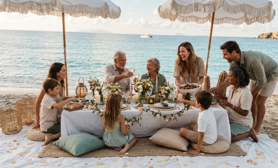 Célébration familiale autour d’une table face à la mer