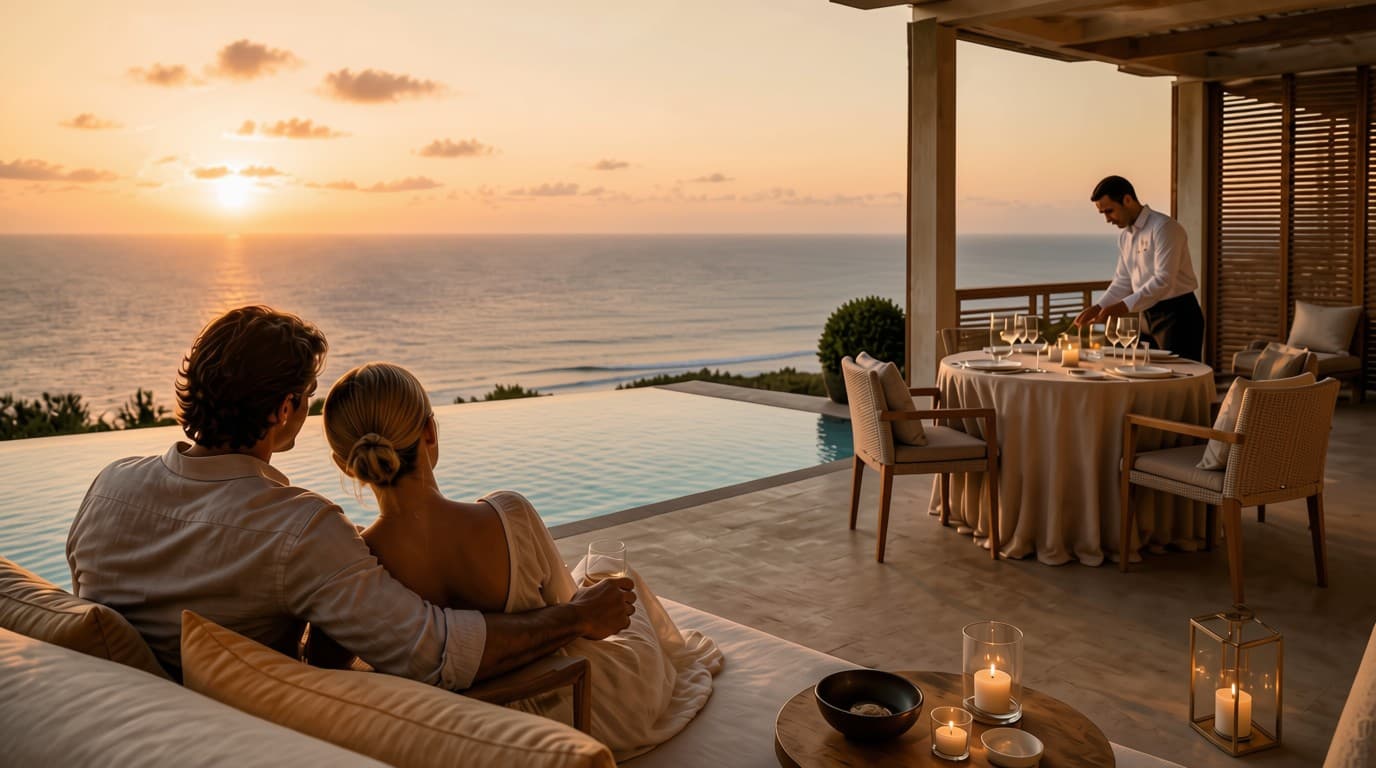 Couple contemplant la mer depuis une villa au coucher du soleil