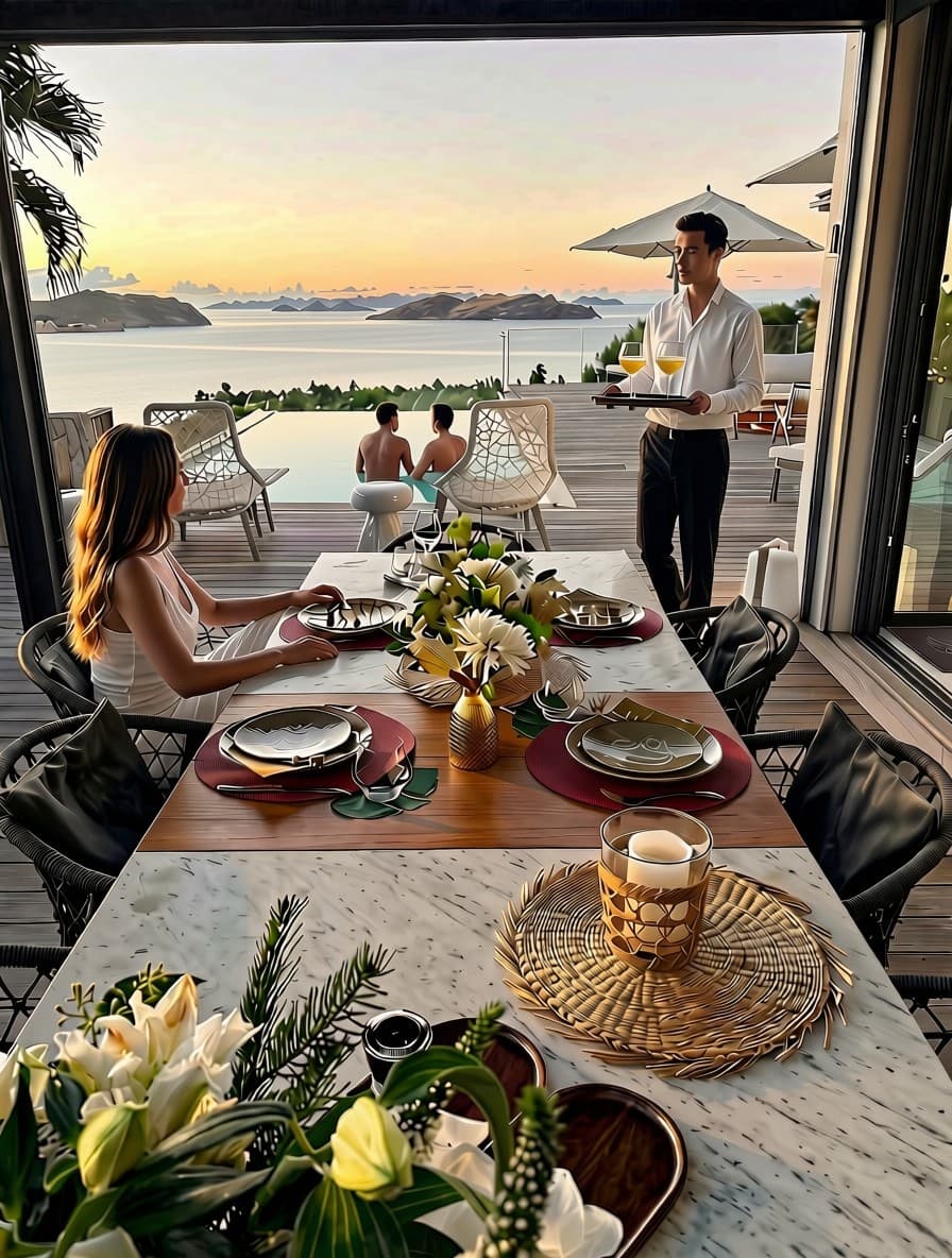 Dîner privé entre amis préparé dans une villa