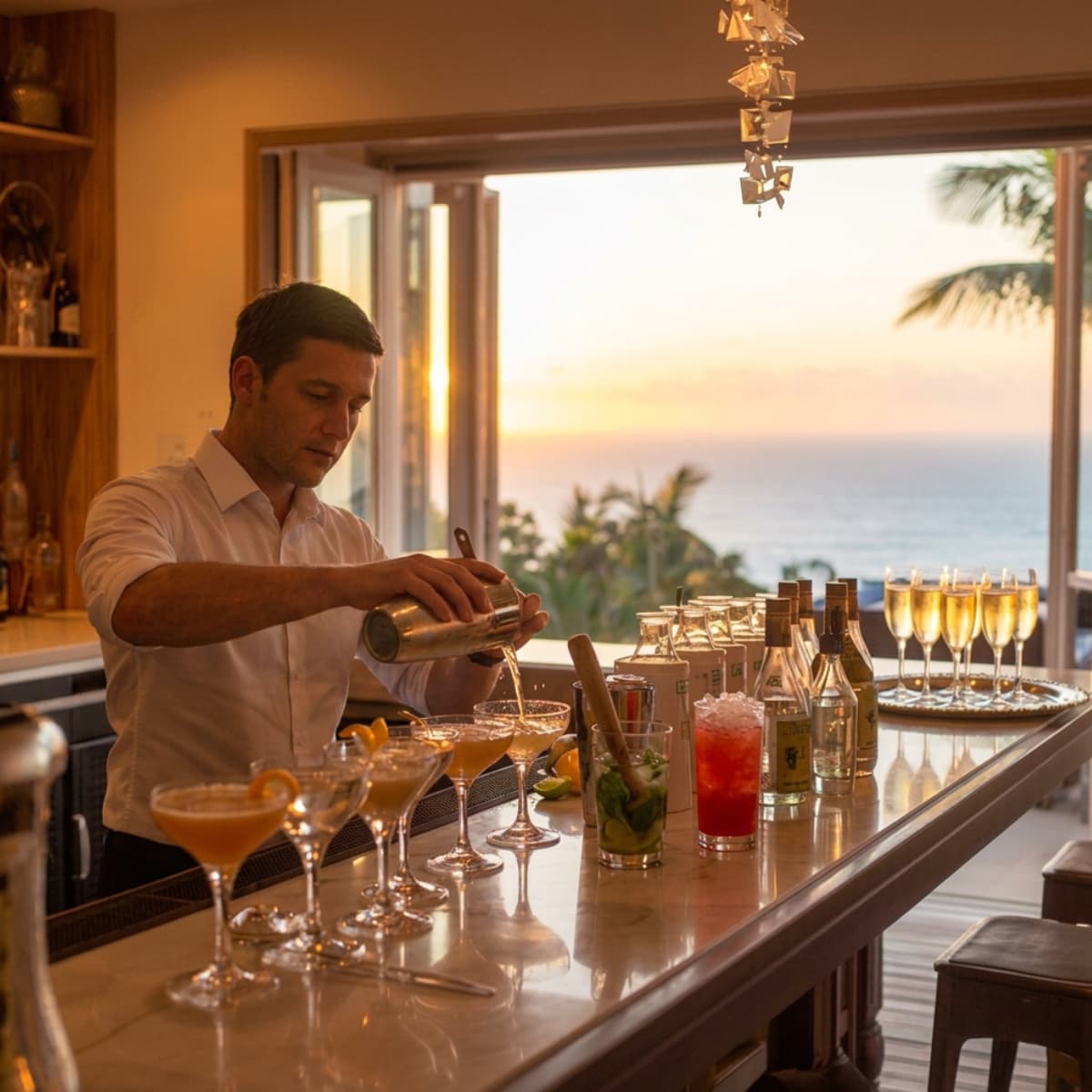 Cocktails servis pendant une réception en villa